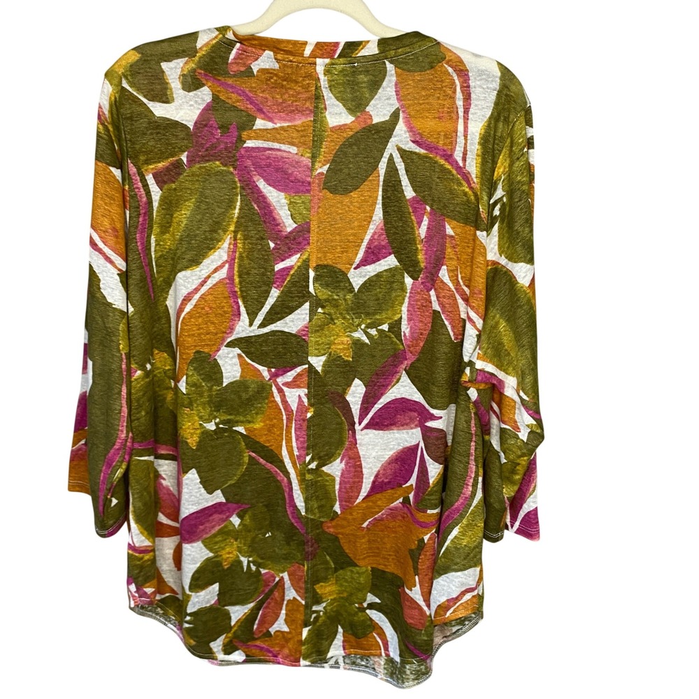 Tahari Womens 1X Linen Floral V-Neck Top 3/4 Sleeve Green Pink Tropical Blouse - Picture 2 of 10